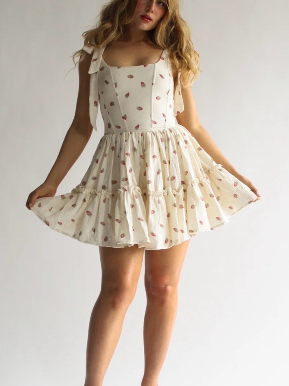 Cream Strawberry-Print Tie-Shoulder Mini Dress